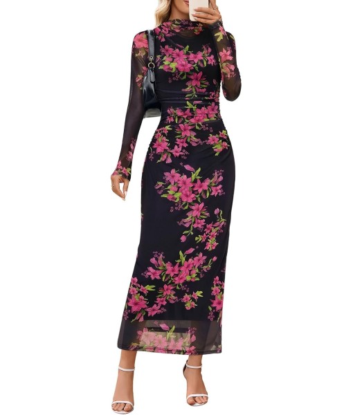 MEROKEETY Women's Long Sleeve Fall Wedding Guest Dress 2025 Bodycon Floral Mesh Ruched Cocktail Maxi Dresses