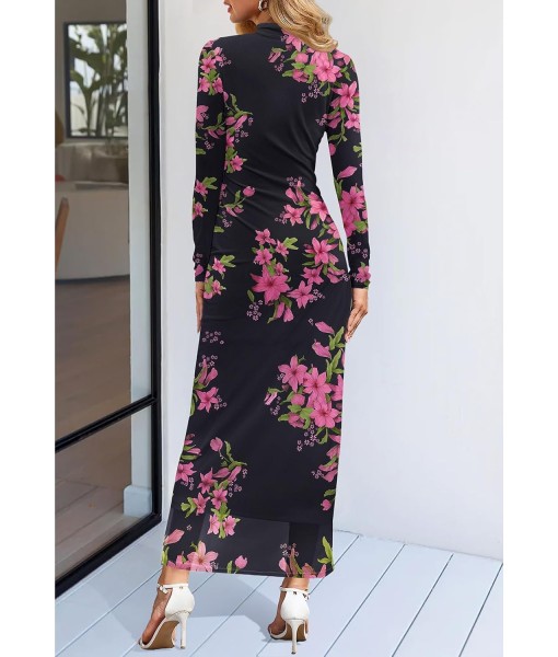 MEROKEETY Women's Long Sleeve Fall Wedding Guest Dress 2025 Bodycon Floral Mesh Ruched Cocktail Maxi Dresses