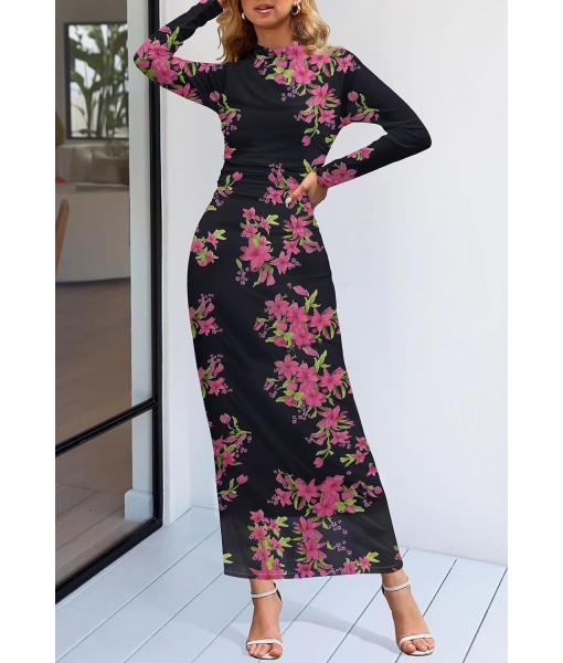 MEROKEETY Women's Long Sleeve Fall Wedding Guest Dress 2025 Bodycon Floral Mesh Ruched Cocktail Maxi Dresses