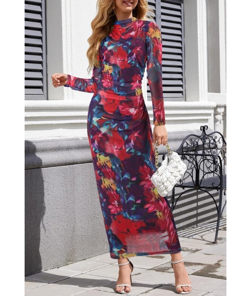 MEROKEETY Women's Long Sleeve Fall Wedding Guest Dress 2025 Bodycon Floral Mesh Ruched Cocktail Maxi Dresses