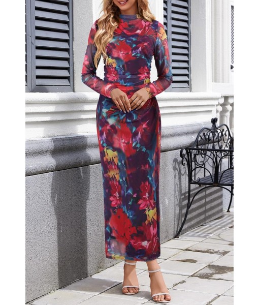 MEROKEETY Women's Long Sleeve Fall Wedding Guest Dress 2025 Bodycon Floral Mesh Ruched Cocktail Maxi Dresses