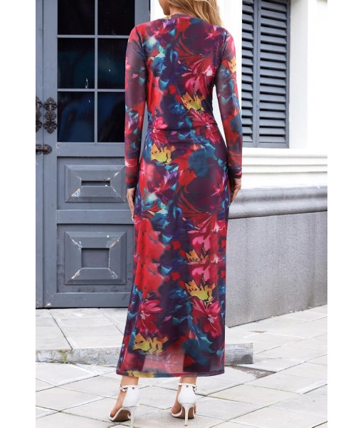 MEROKEETY Women's Long Sleeve Fall Wedding Guest Dress 2025 Bodycon Floral Mesh Ruched Cocktail Maxi Dresses