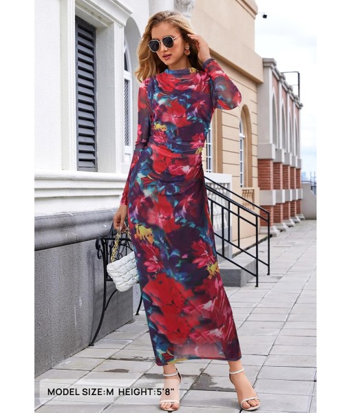 MEROKEETY Women's Long Sleeve Fall Wedding Guest Dress 2025 Bodycon Floral Mesh Ruched Cocktail Maxi Dresses