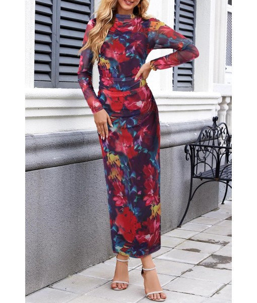 MEROKEETY Women's Long Sleeve Fall Wedding Guest Dress 2025 Bodycon Floral Mesh Ruched Cocktail Maxi Dresses