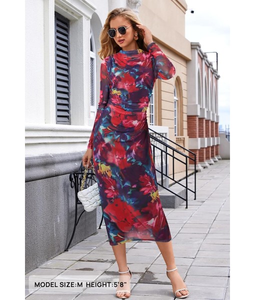 MEROKEETY Women's Long Sleeve Fall Wedding Guest Dress 2025 Bodycon Floral Mesh Ruched Cocktail Maxi Dresses