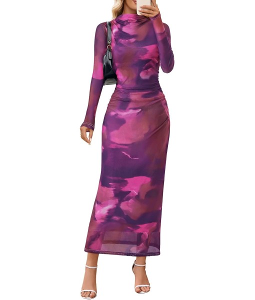 MEROKEETY Women's Long Sleeve Fall Wedding Guest Dress 2025 Bodycon Floral Mesh Ruched Cocktail Maxi Dresses