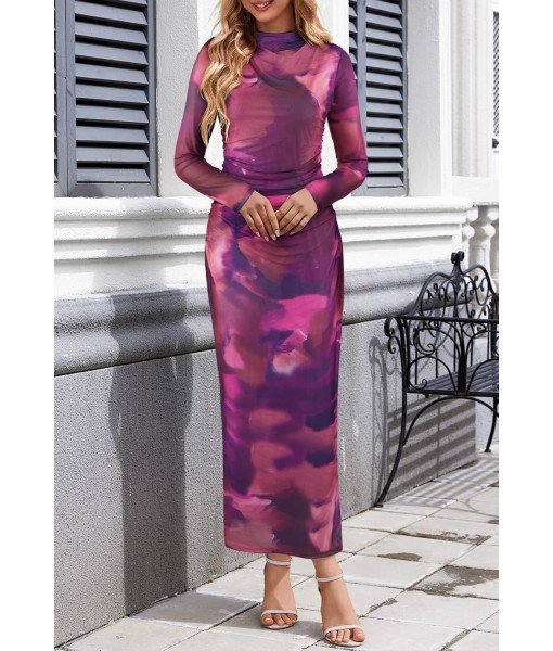 MEROKEETY Women's Long Sleeve Fall Wedding Guest Dress 2025 Bodycon Floral Mesh Ruched Cocktail Maxi Dresses