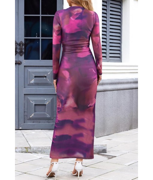 MEROKEETY Women's Long Sleeve Fall Wedding Guest Dress 2025 Bodycon Floral Mesh Ruched Cocktail Maxi Dresses