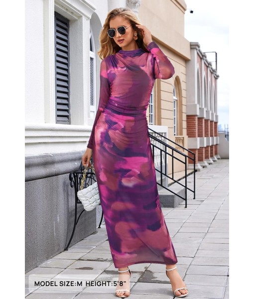 MEROKEETY Women's Long Sleeve Fall Wedding Guest Dress 2025 Bodycon Floral Mesh Ruched Cocktail Maxi Dresses