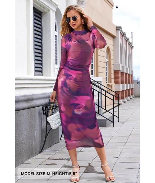 MEROKEETY Women's Long Sleeve Fall Wedding Guest Dress 2025 Bodycon Floral Mesh Ruched Cocktail Maxi Dresses