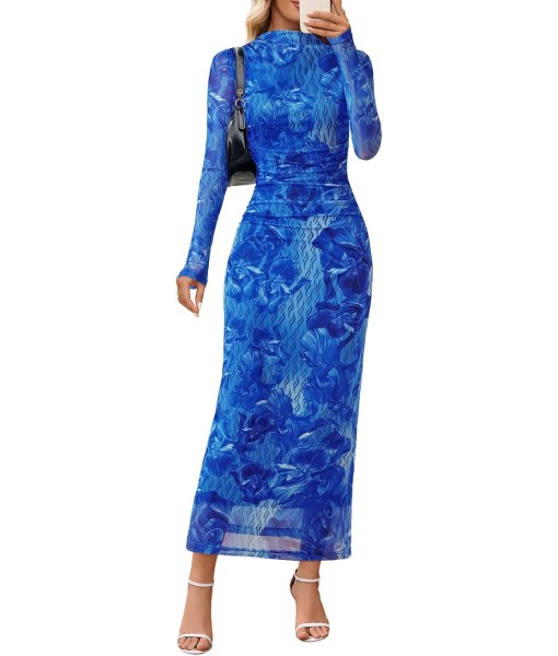 MEROKEETY Women's Long Sleeve Fall Wedding Guest Dress 2025 Bodycon Floral Mesh Ruched Cocktail Maxi Dresses