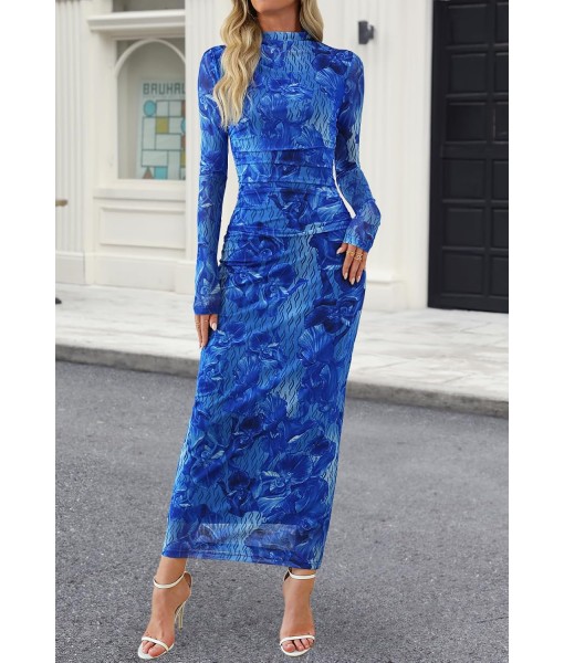 MEROKEETY Women's Long Sleeve Fall Wedding Guest Dress 2025 Bodycon Floral Mesh Ruched Cocktail Maxi Dresses