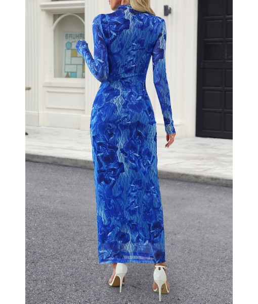 MEROKEETY Women's Long Sleeve Fall Wedding Guest Dress 2025 Bodycon Floral Mesh Ruched Cocktail Maxi Dresses