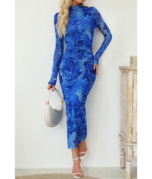 MEROKEETY Women's Long Sleeve Fall Wedding Guest Dress 2025 Bodycon Floral Mesh Ruched Cocktail Maxi Dresses