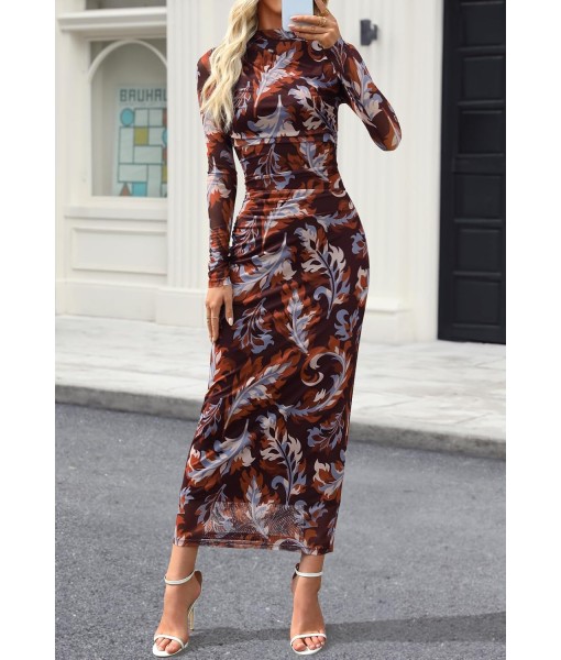 MEROKEETY Women's Long Sleeve Fall Wedding Guest Dress 2025 Bodycon Floral Mesh Ruched Cocktail Maxi Dresses