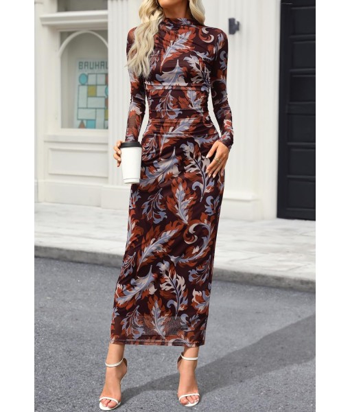 MEROKEETY Women's Long Sleeve Fall Wedding Guest Dress 2025 Bodycon Floral Mesh Ruched Cocktail Maxi Dresses
