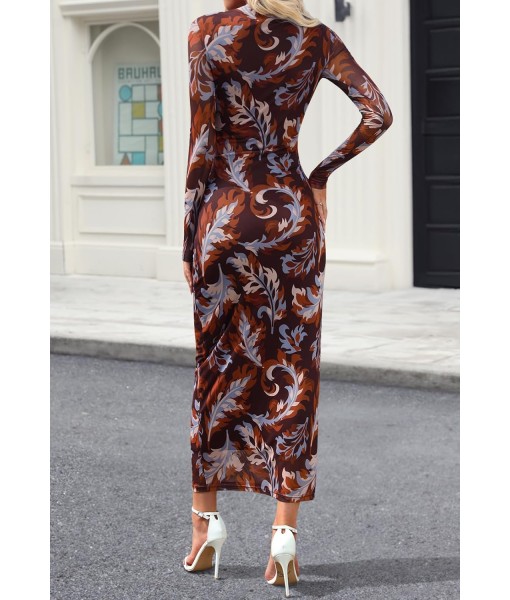 MEROKEETY Women's Long Sleeve Fall Wedding Guest Dress 2025 Bodycon Floral Mesh Ruched Cocktail Maxi Dresses