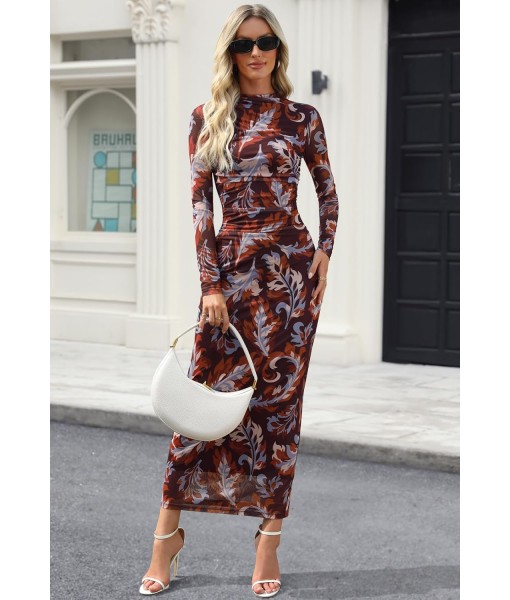 MEROKEETY Women's Long Sleeve Fall Wedding Guest Dress 2025 Bodycon Floral Mesh Ruched Cocktail Maxi Dresses