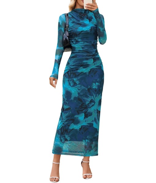 MEROKEETY Women's Long Sleeve Fall Wedding Guest Dress 2025 Bodycon Floral Mesh Ruched Cocktail Maxi Dresses