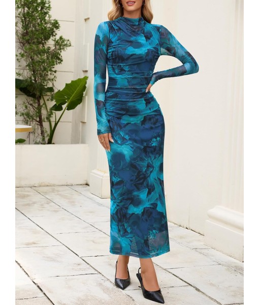 MEROKEETY Women's Long Sleeve Fall Wedding Guest Dress 2025 Bodycon Floral Mesh Ruched Cocktail Maxi Dresses