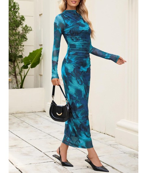 MEROKEETY Women's Long Sleeve Fall Wedding Guest Dress 2025 Bodycon Floral Mesh Ruched Cocktail Maxi Dresses