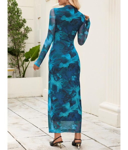 MEROKEETY Women's Long Sleeve Fall Wedding Guest Dress 2025 Bodycon Floral Mesh Ruched Cocktail Maxi Dresses