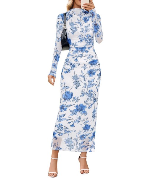MEROKEETY Women's Long Sleeve Fall Wedding Guest Dress 2025 Bodycon Floral Mesh Ruched Cocktail Maxi Dresses