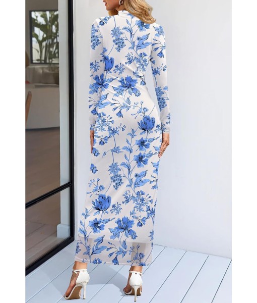 MEROKEETY Women's Long Sleeve Fall Wedding Guest Dress 2025 Bodycon Floral Mesh Ruched Cocktail Maxi Dresses