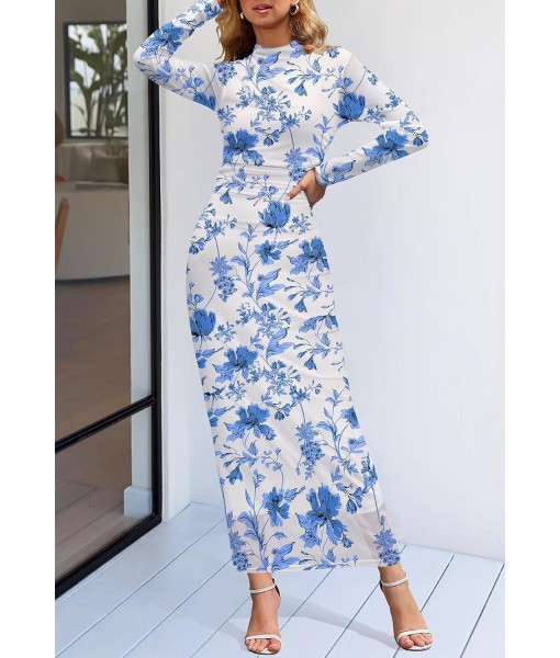 MEROKEETY Women's Long Sleeve Fall Wedding Guest Dress 2025 Bodycon Floral Mesh Ruched Cocktail Maxi Dresses