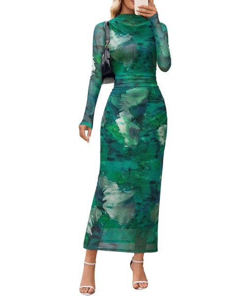 MEROKEETY Women's Long Sleeve Fall Wedding Guest Dress 2025 Bodycon Floral Mesh Ruched Cocktail Maxi Dresses