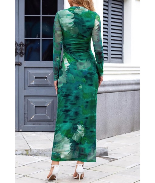 MEROKEETY Women's Long Sleeve Fall Wedding Guest Dress 2025 Bodycon Floral Mesh Ruched Cocktail Maxi Dresses