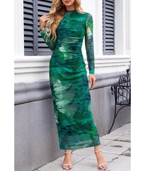 MEROKEETY Women's Long Sleeve Fall Wedding Guest Dress 2025 Bodycon Floral Mesh Ruched Cocktail Maxi Dresses
