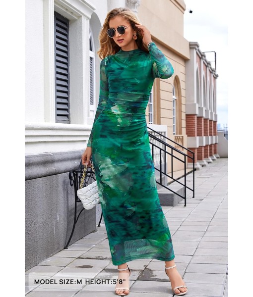 MEROKEETY Women's Long Sleeve Fall Wedding Guest Dress 2025 Bodycon Floral Mesh Ruched Cocktail Maxi Dresses