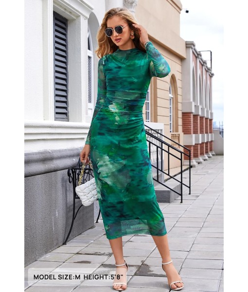 MEROKEETY Women's Long Sleeve Fall Wedding Guest Dress 2025 Bodycon Floral Mesh Ruched Cocktail Maxi Dresses