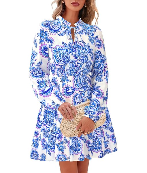 BTFBM Women Fall Dresses 2025 Floral V Neck Long Sleeve Tiered Ruffle Boho Swing Flowy A-Line Mini Dresses Vacation