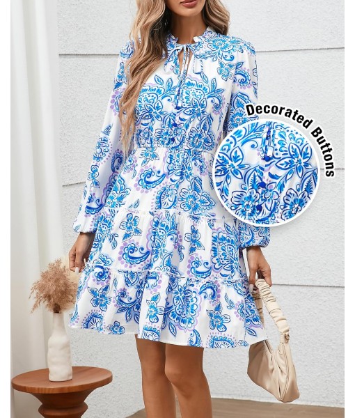 BTFBM Women Fall Dresses 2025 Floral V Neck Long Sleeve Tiered Ruffle Boho Swing Flowy A-Line Mini Dresses Vacation