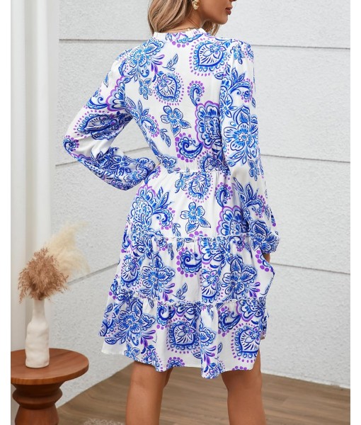BTFBM Women Fall Dresses 2025 Floral V Neck Long Sleeve Tiered Ruffle Boho Swing Flowy A-Line Mini Dresses Vacation