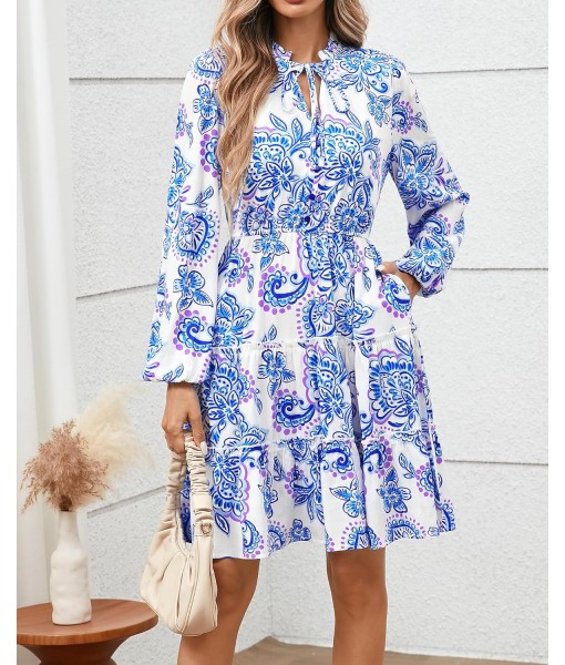 BTFBM Women Fall Dresses 2025 Floral V Neck Long Sleeve Tiered Ruffle Boho Swing Flowy A-Line Mini Dresses Vacation