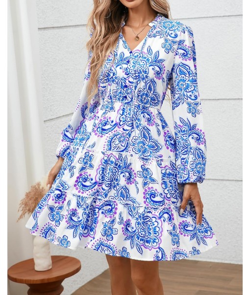BTFBM Women Fall Dresses 2025 Floral V Neck Long Sleeve Tiered Ruffle Boho Swing Flowy A-Line Mini Dresses Vacation