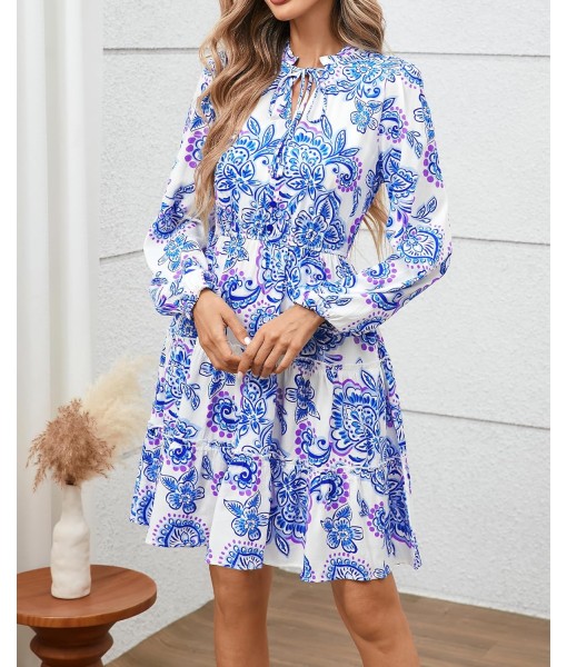 BTFBM Women Fall Dresses 2025 Floral V Neck Long Sleeve Tiered Ruffle Boho Swing Flowy A-Line Mini Dresses Vacation