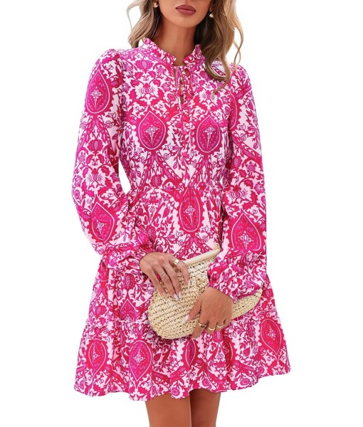 BTFBM Women Fall Dresses 2025 Floral V Neck Long Sleeve Tiered Ruffle Boho Swing Flowy A-Line Mini Dresses Vacation