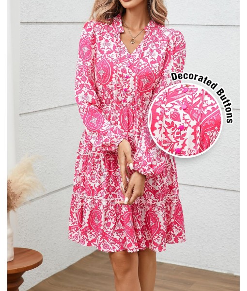 BTFBM Women Fall Dresses 2025 Floral V Neck Long Sleeve Tiered Ruffle Boho Swing Flowy A-Line Mini Dresses Vacation