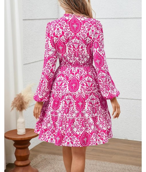 BTFBM Women Fall Dresses 2025 Floral V Neck Long Sleeve Tiered Ruffle Boho Swing Flowy A-Line Mini Dresses Vacation