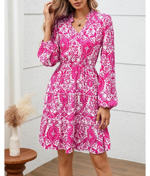 BTFBM Women Fall Dresses 2025 Floral V Neck Long Sleeve Tiered Ruffle Boho Swing Flowy A-Line Mini Dresses Vacation