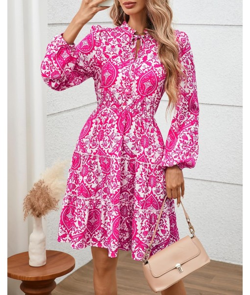 BTFBM Women Fall Dresses 2025 Floral V Neck Long Sleeve Tiered Ruffle Boho Swing Flowy A-Line Mini Dresses Vacation