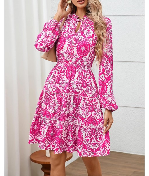BTFBM Women Fall Dresses 2025 Floral V Neck Long Sleeve Tiered Ruffle Boho Swing Flowy A-Line Mini Dresses Vacation