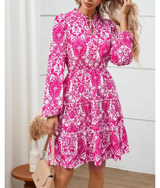 BTFBM Women Fall Dresses 2025 Floral V Neck Long Sleeve Tiered Ruffle Boho Swing Flowy A-Line Mini Dresses Vacation