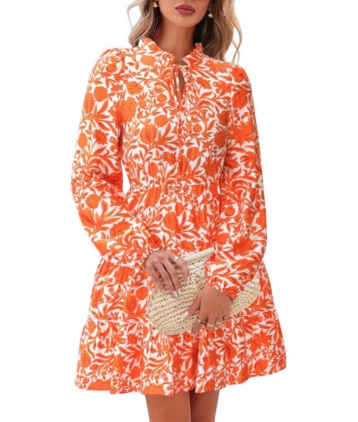 BTFBM Women Fall Dresses 2025 Floral V Neck Long Sleeve Tiered Ruffle Boho Swing Flowy A-Line Mini Dresses Vacation