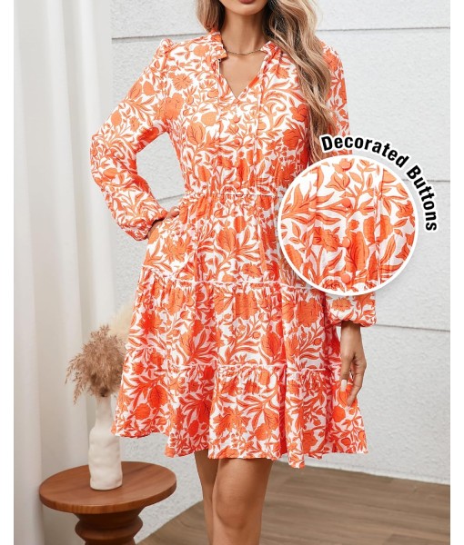 BTFBM Women Fall Dresses 2025 Floral V Neck Long Sleeve Tiered Ruffle Boho Swing Flowy A-Line Mini Dresses Vacation