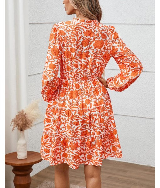 BTFBM Women Fall Dresses 2025 Floral V Neck Long Sleeve Tiered Ruffle Boho Swing Flowy A-Line Mini Dresses Vacation